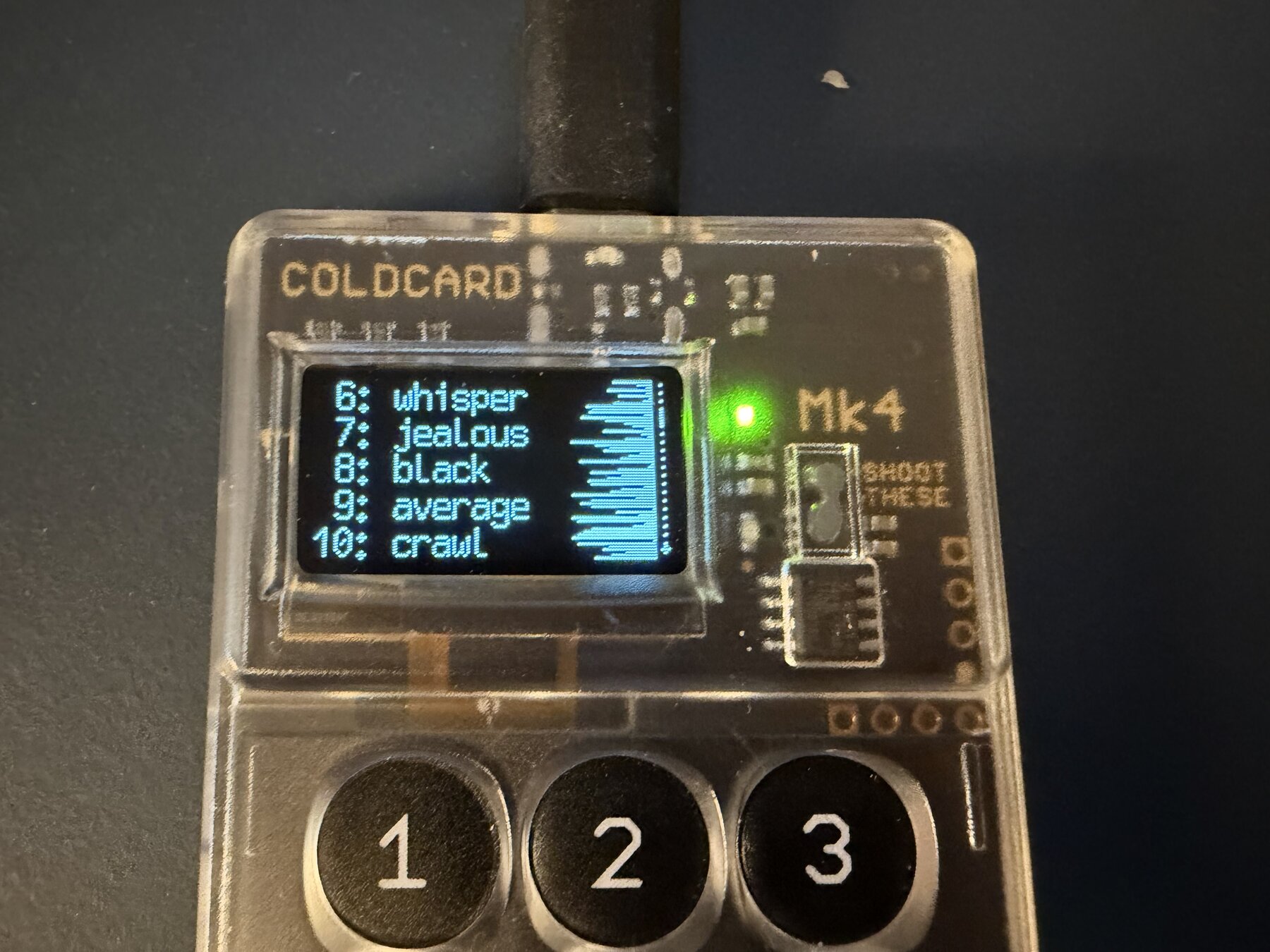 Coldcard MK4 running affected firmware 5.4.5 showing public test seed words 6 through 10