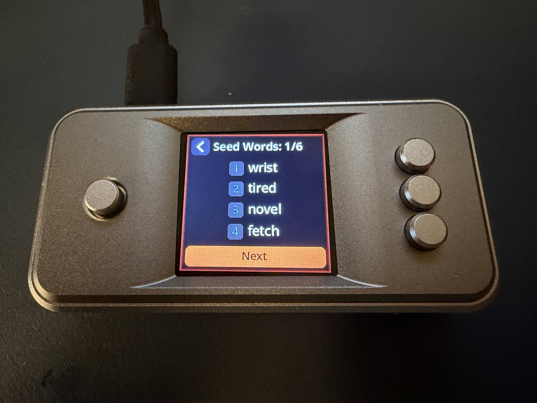 SeedSigner 0.8.7 showing public test seed words 1 through 4