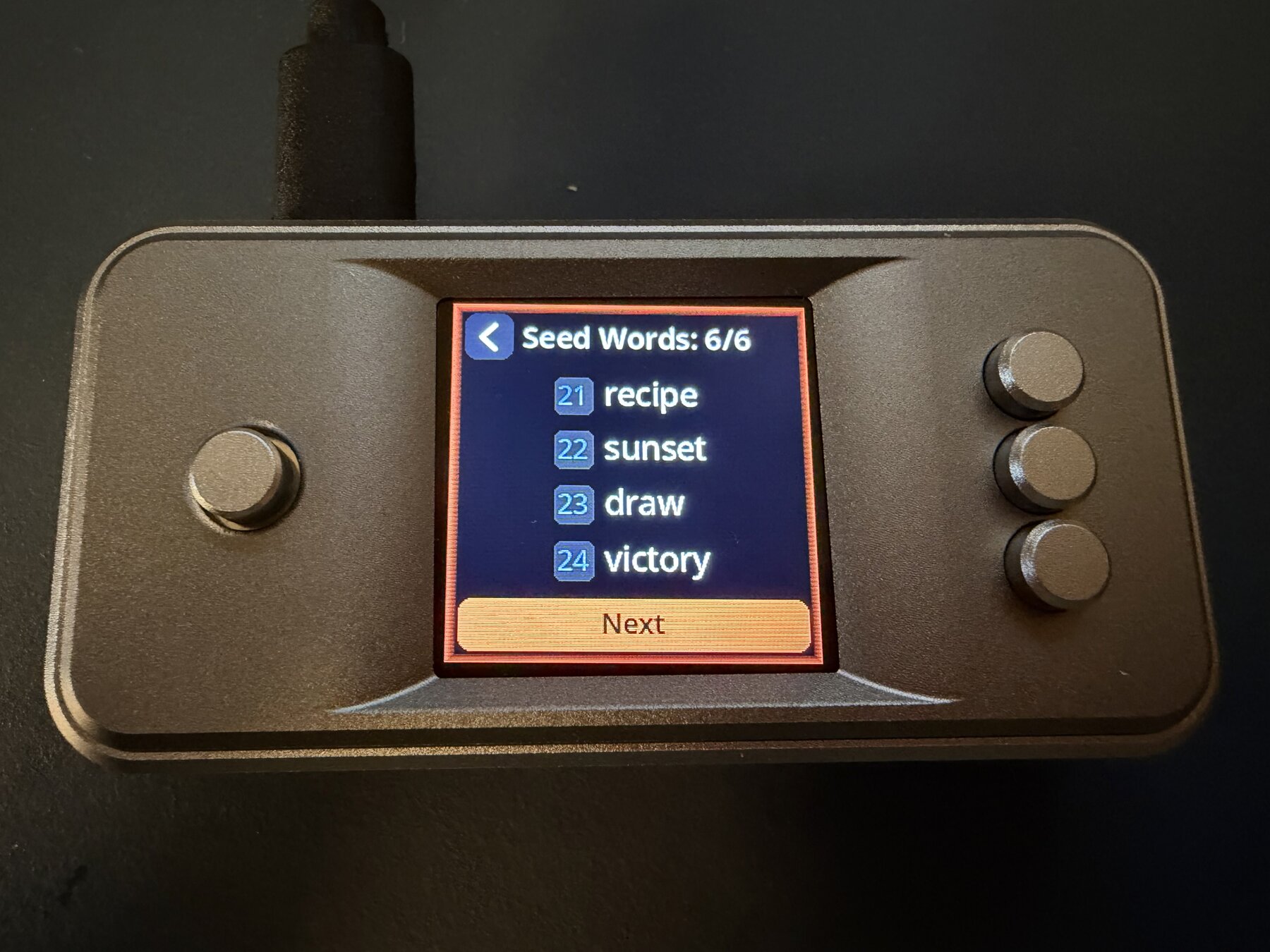 SeedSigner 0.8.7 showing public test seed words 21 through 24